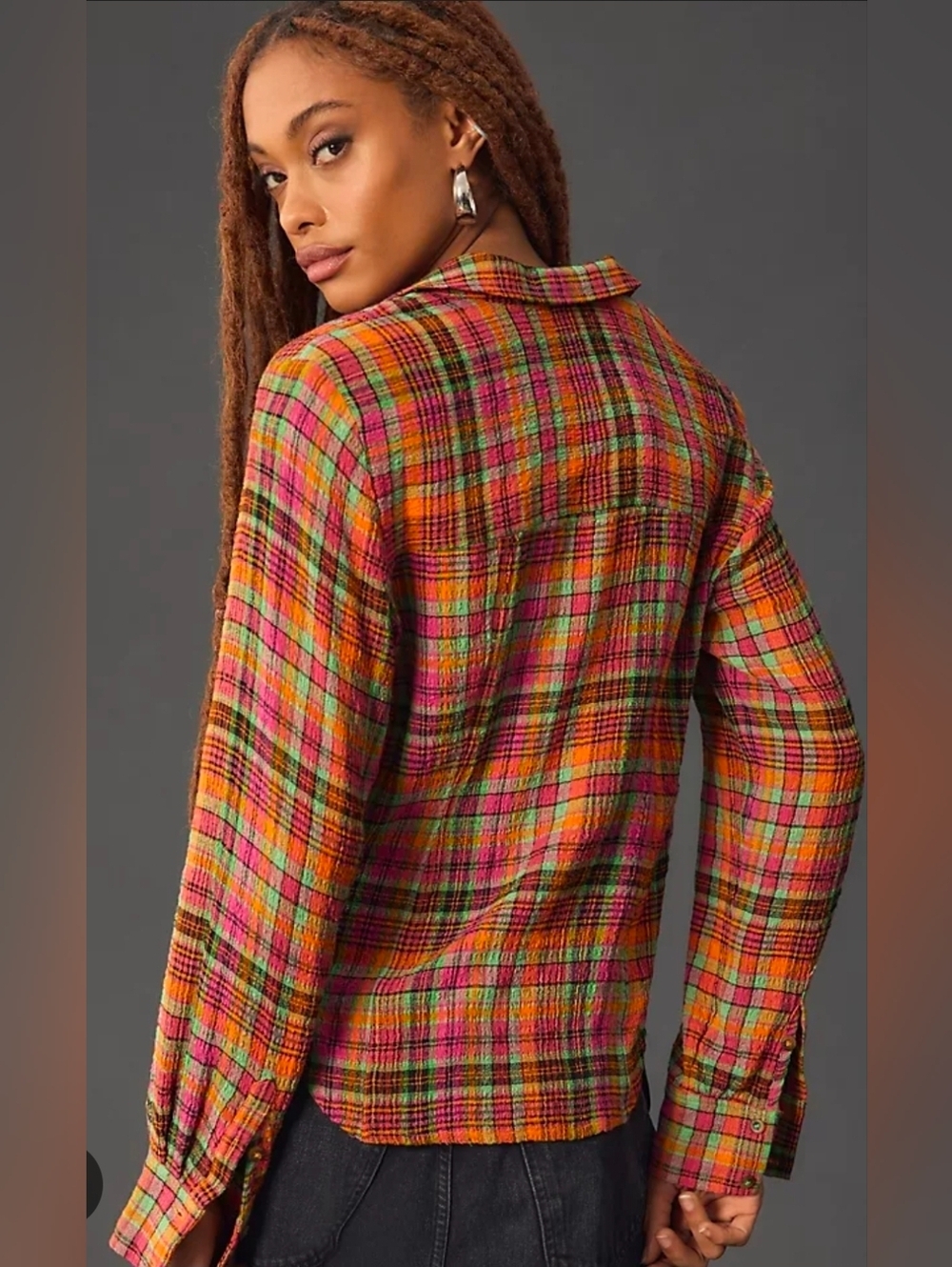Anthropologie Pilcro Ruched Deep-V Plaid Buttondown Shirt Size S - Picture 2 of 9